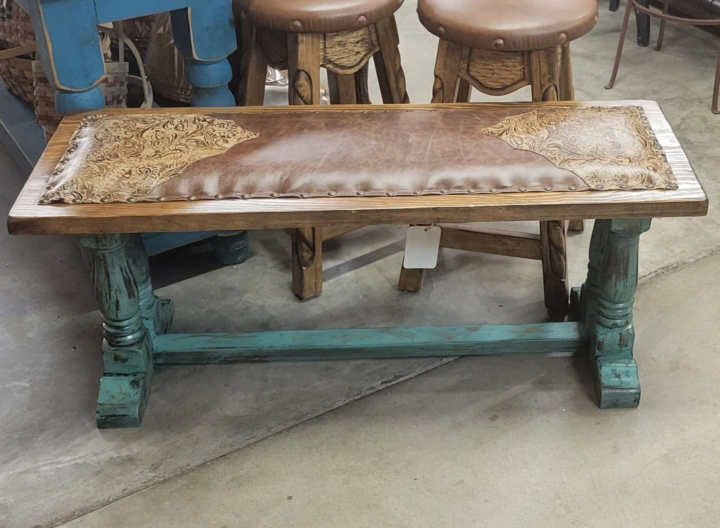 Turquoise Cave Creek Tooled Leather Bench