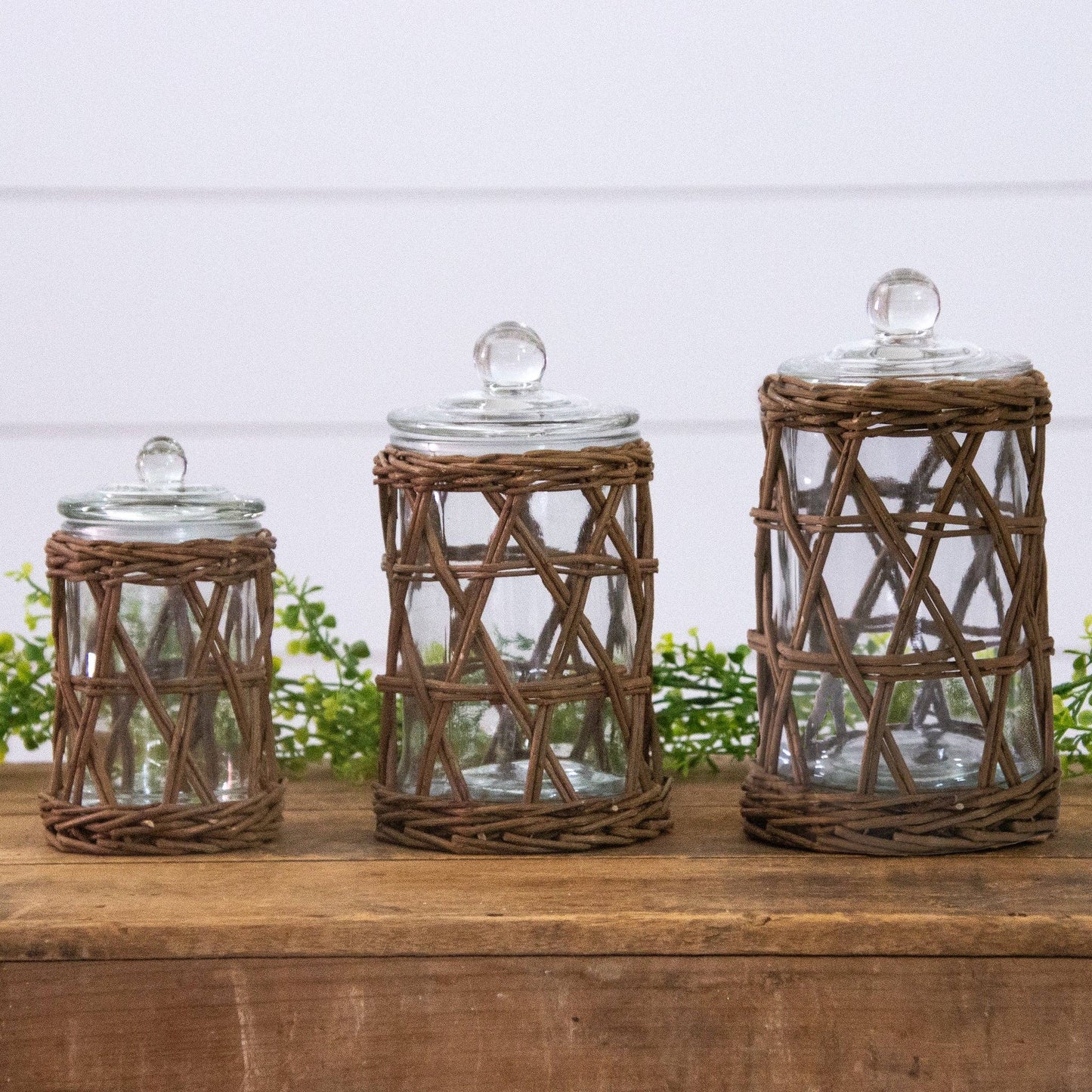 Wicker Wrapped Glass Canister Set (Set of 3)