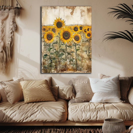 Rustic Sunflower Field Large Canvas Wall Art