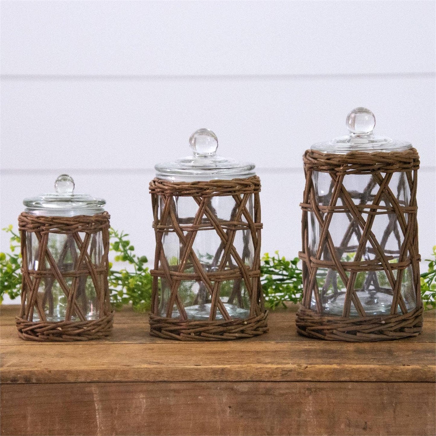 Wicker Wrapped Glass Canister Set (Set of 3)