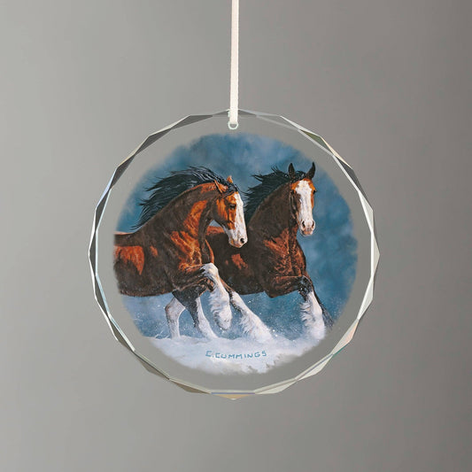 Snow Clydesdales - Round Glass Ornament