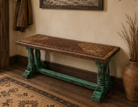Turquoise Cave Creek Tooled Leather Bench