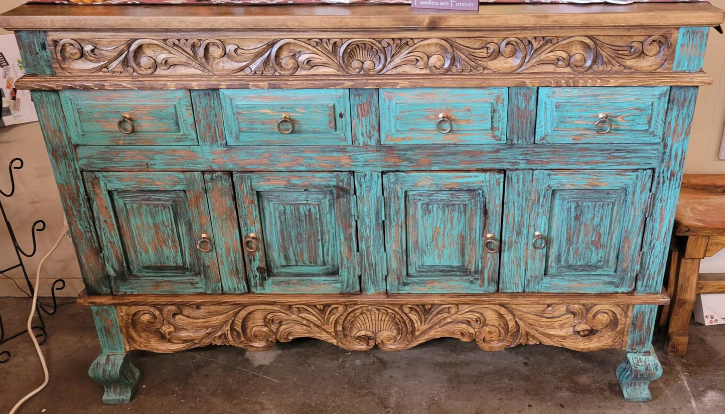 Turquoise French Scroll Reclaimed Wood Buffet