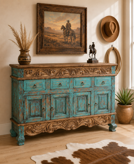 Turquoise French Scroll Reclaimed Wood Buffet